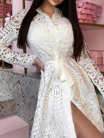 Woochic mi-longue robe broderie anglaise ceinture boutonnage élégant bal de promo blanche chemisier robe